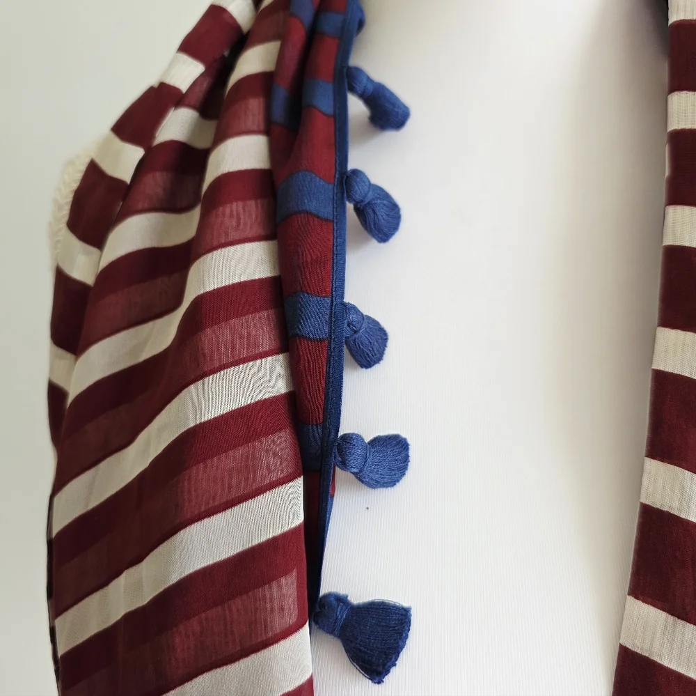 J. Crew 100% Silk Striped White/Blue/Wine Tasseled Infinity Scarf